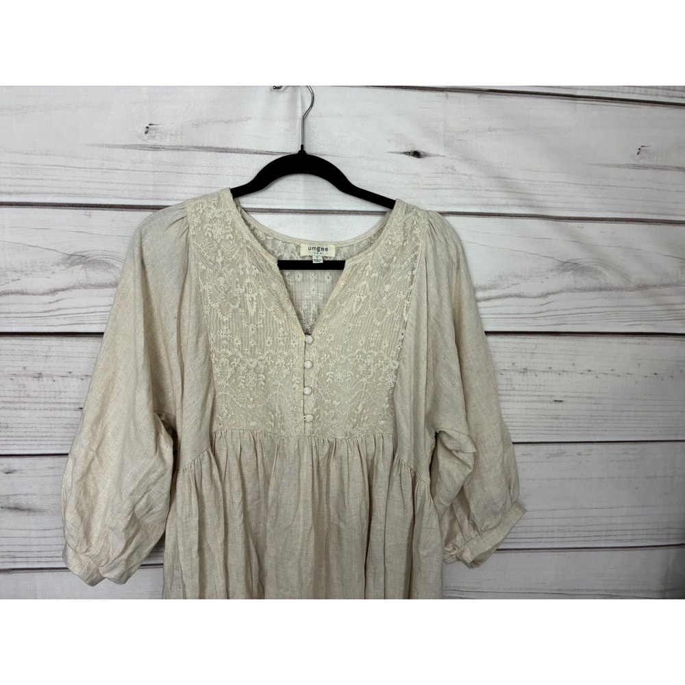 Umgee Oatmeal Linen Blend Lace Back Boho Babydoll Dress Beige Large - Picture 3 of 11